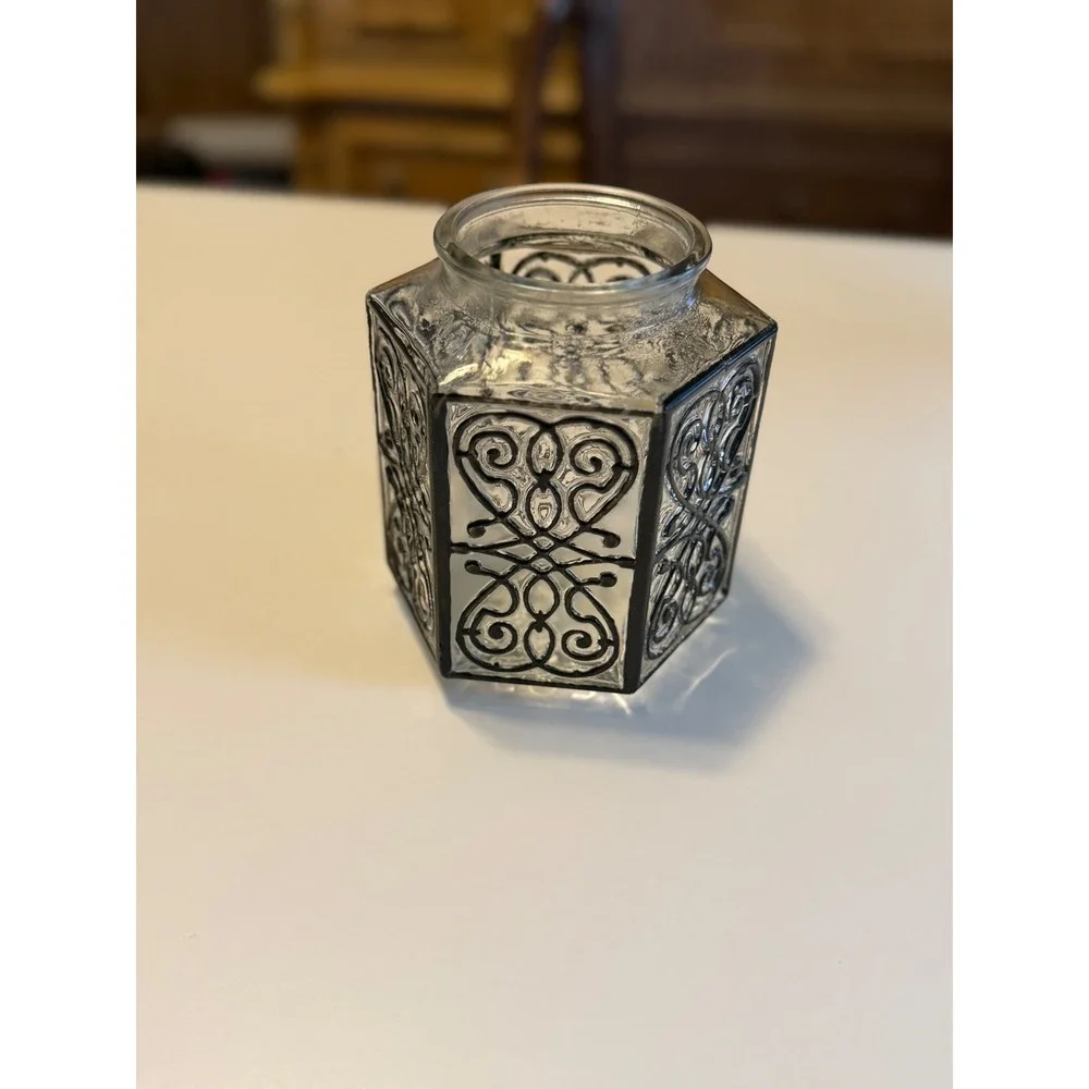 Vintage Hexagonal Clear Glass Black Scroll Filigree Decorative 5.5in Light Cover